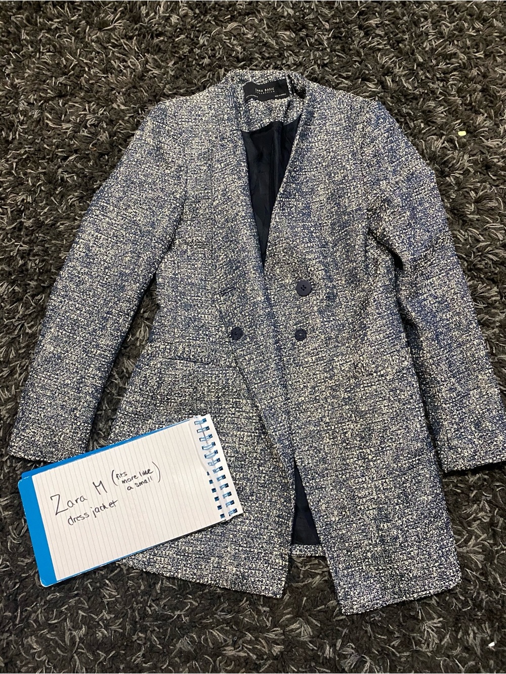 Zara Navy and White Tweed Double-Breasted Blazer Coat